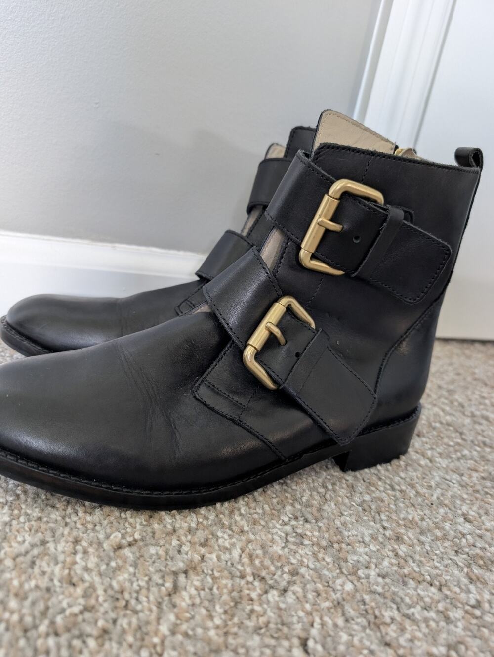 Boden Boots Size 39 US 8 Black Leather Ankle Moto Biker Double Buckle Zip Flat